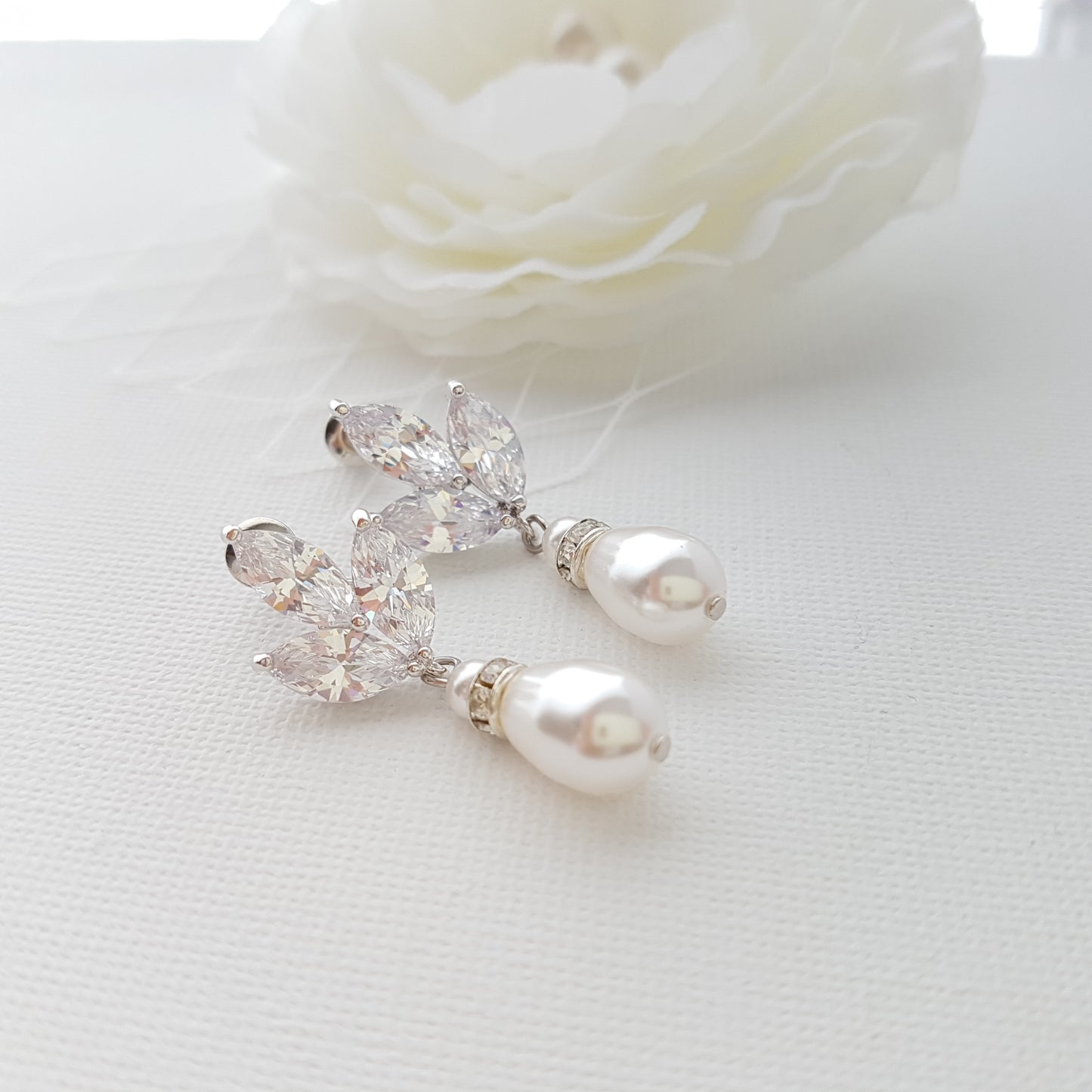 Silver CZ Leaf Bridal Earrings with Teardrop Pearl Design- Katie