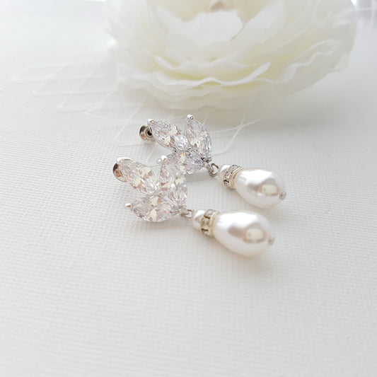 Silver CZ Leaf Bridal Earrings with Teardrop Pearl Design- Katie