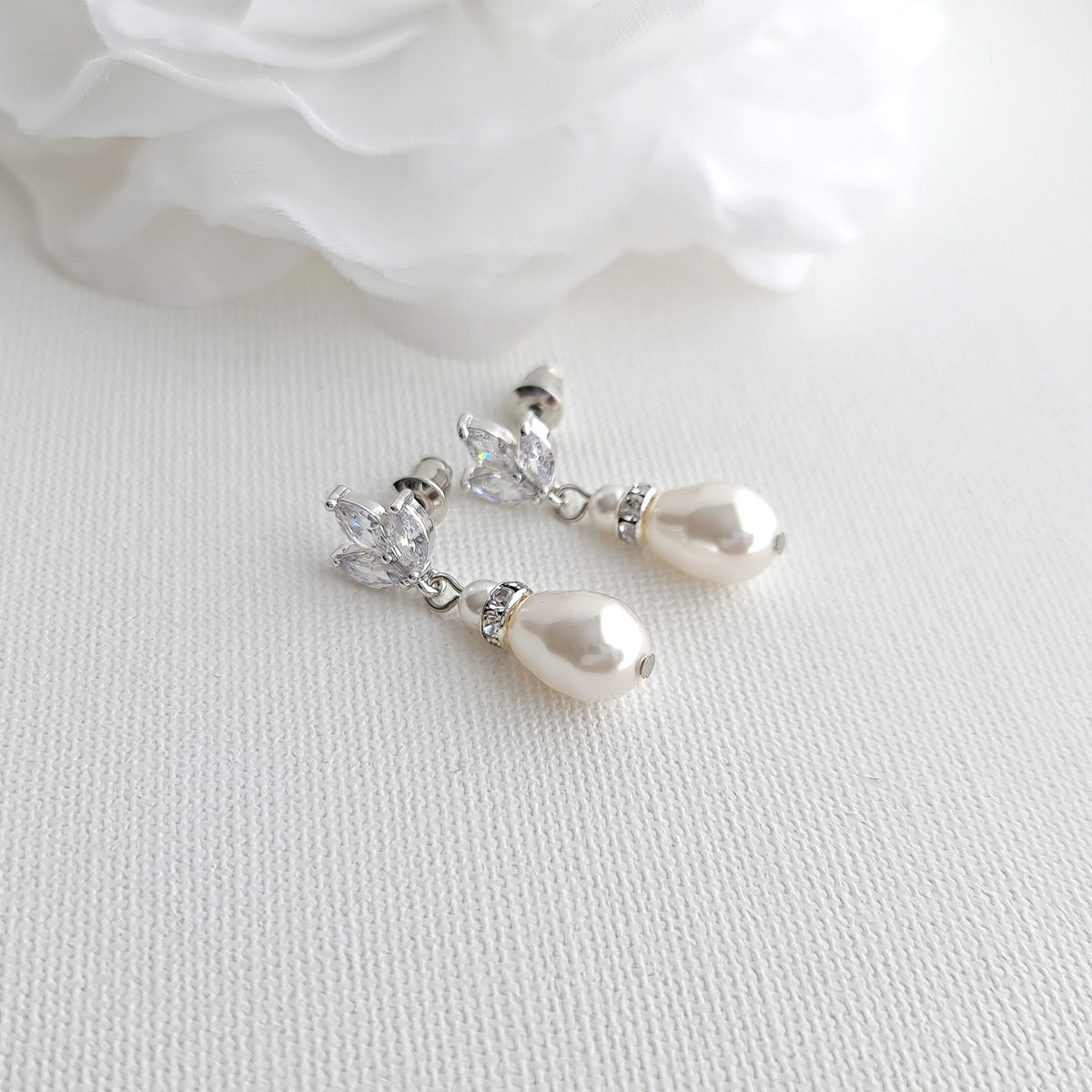 Silver CZ Leaf Bridal Earrings with Teardrop Pearl Design- Katie