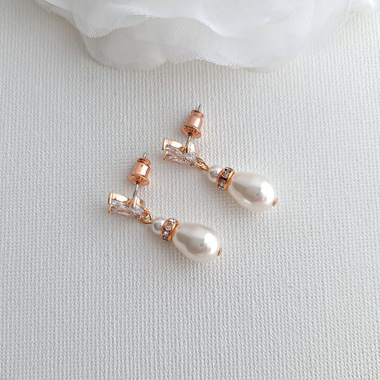 Rose Gold Leaf Pearl Drop Wedding Earrings - Katie