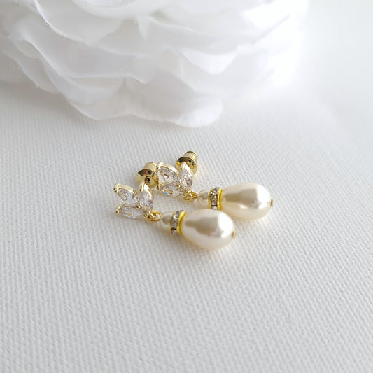 Gold CZ Leaf Pearl Drop Wedding Earrings- Katie