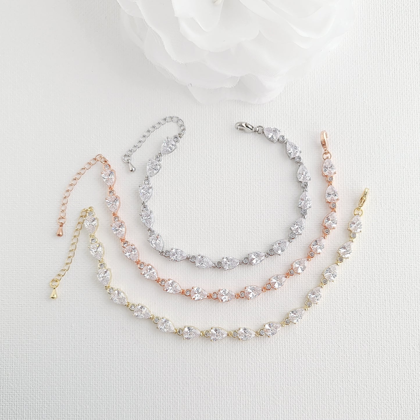 Silver Teardrop 3-Piece Bridal Jewelry Set | Cascading Necklace, Earrings & Bracelet – Jessica