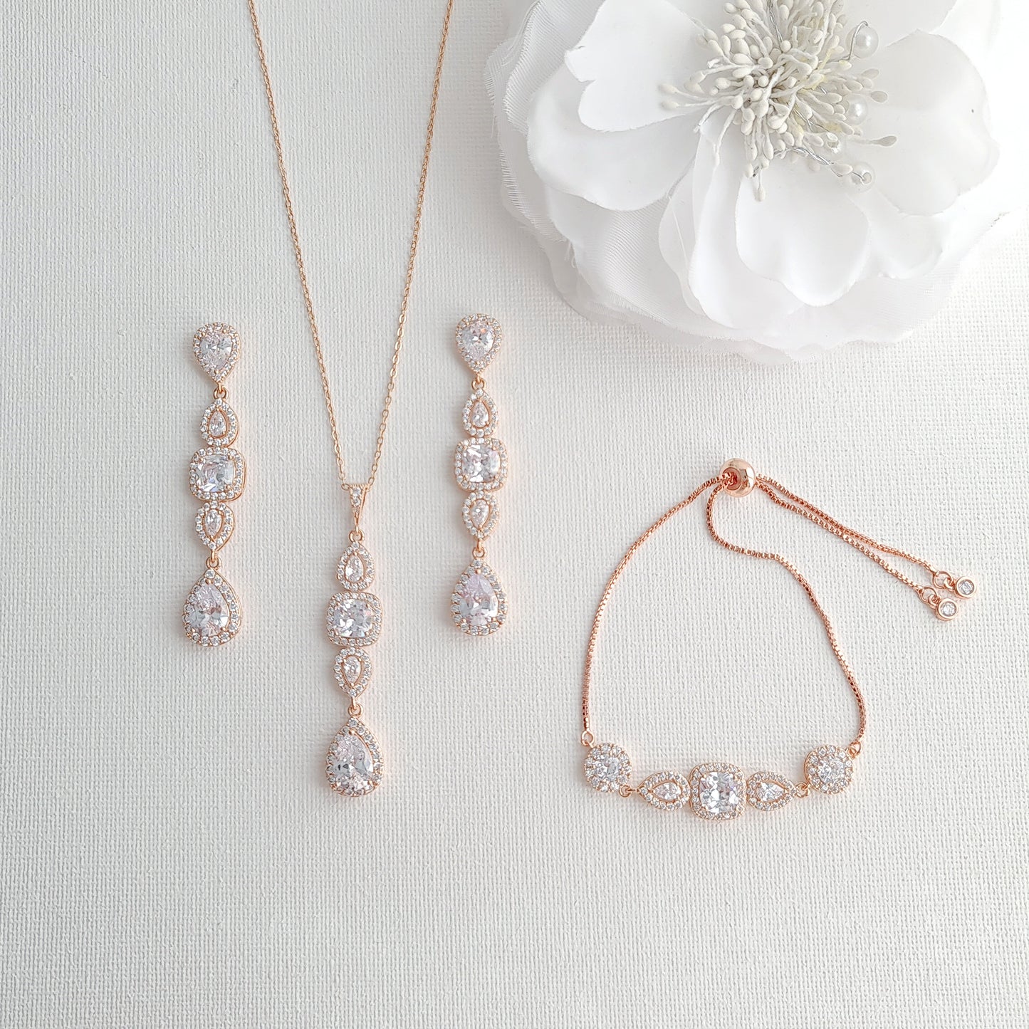 Rose Gold Drop Earrings Necklace Bracelet Set-Gianna