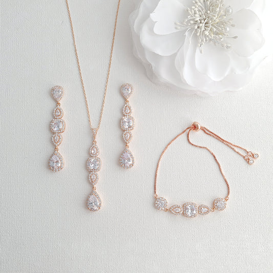 Rose Gold Drop Earrings Necklace Bracelet Set-Gianna