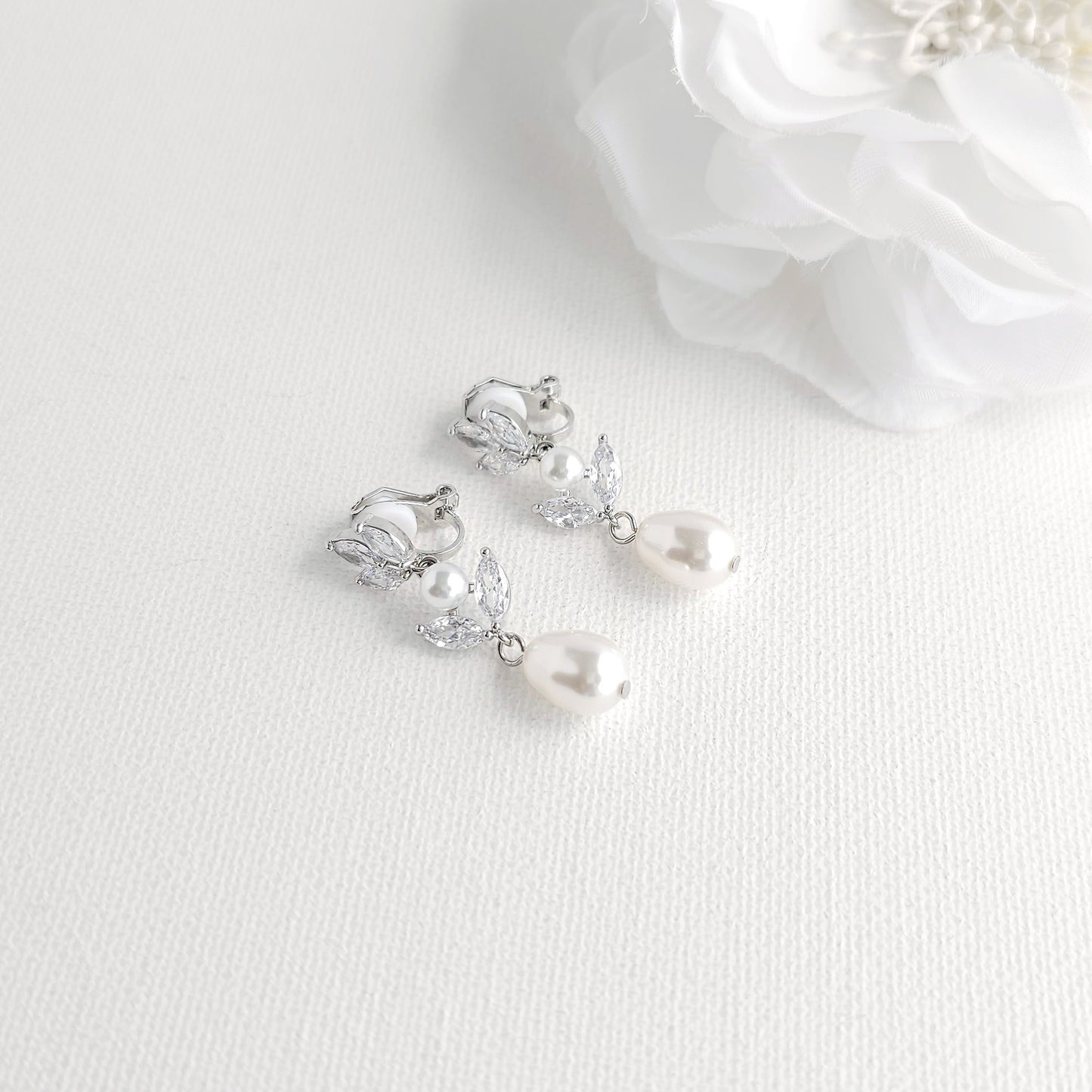 Rose Gold Pearl Clip On Earrings for Brides - Leila