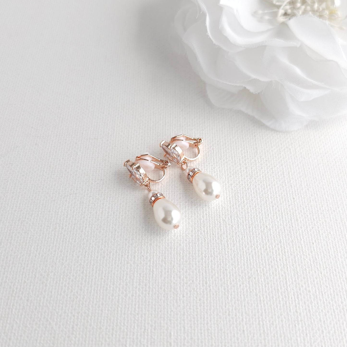 Gold Clip On Pearl Drop Earrings for Brides and Bridesmaids - Katie
