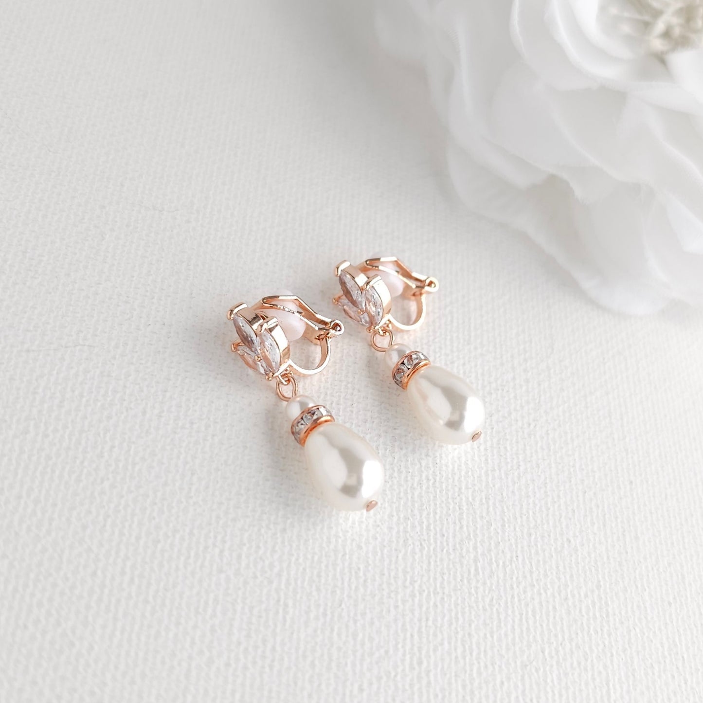 Silver Leaf Crystal ( CZ) and Pearl Clip On Drop Earrings for Weddings - Katie