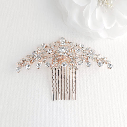 Sparkling Floral & Leaf Crystal Bridal Hair Comb | Gold, Rose Gold & Silver - Kelly