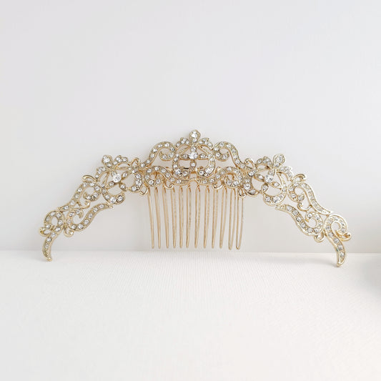 Gold Statement Bridal Hair Comb (5.5 Inch) | Large Crystal Filigree Updo Accessory - Cora