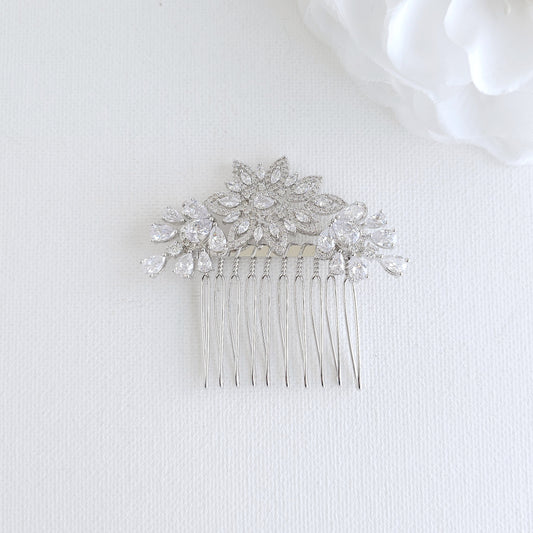 Silver Diamante Hair Comb: Small Floral Bridal Headpiece with High Sparkle-Lara