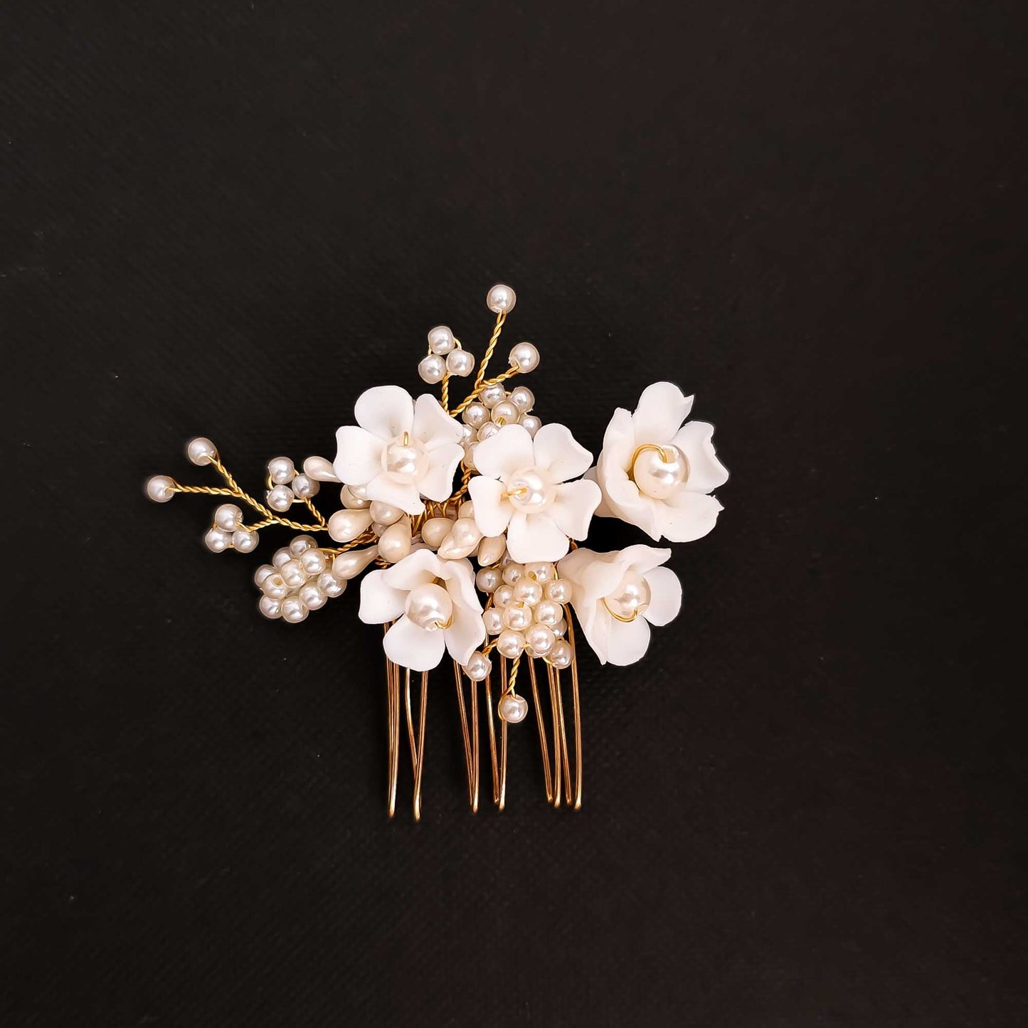 Small Flowers and Pearl Hair Comb in Rose Gold-Betty