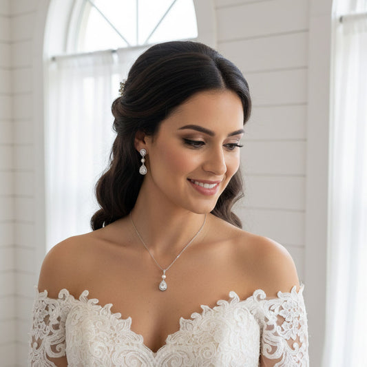 Teardrop Bridal Earrings: Rhodium-Plated Pearl & Cubic Zirconia -Emma