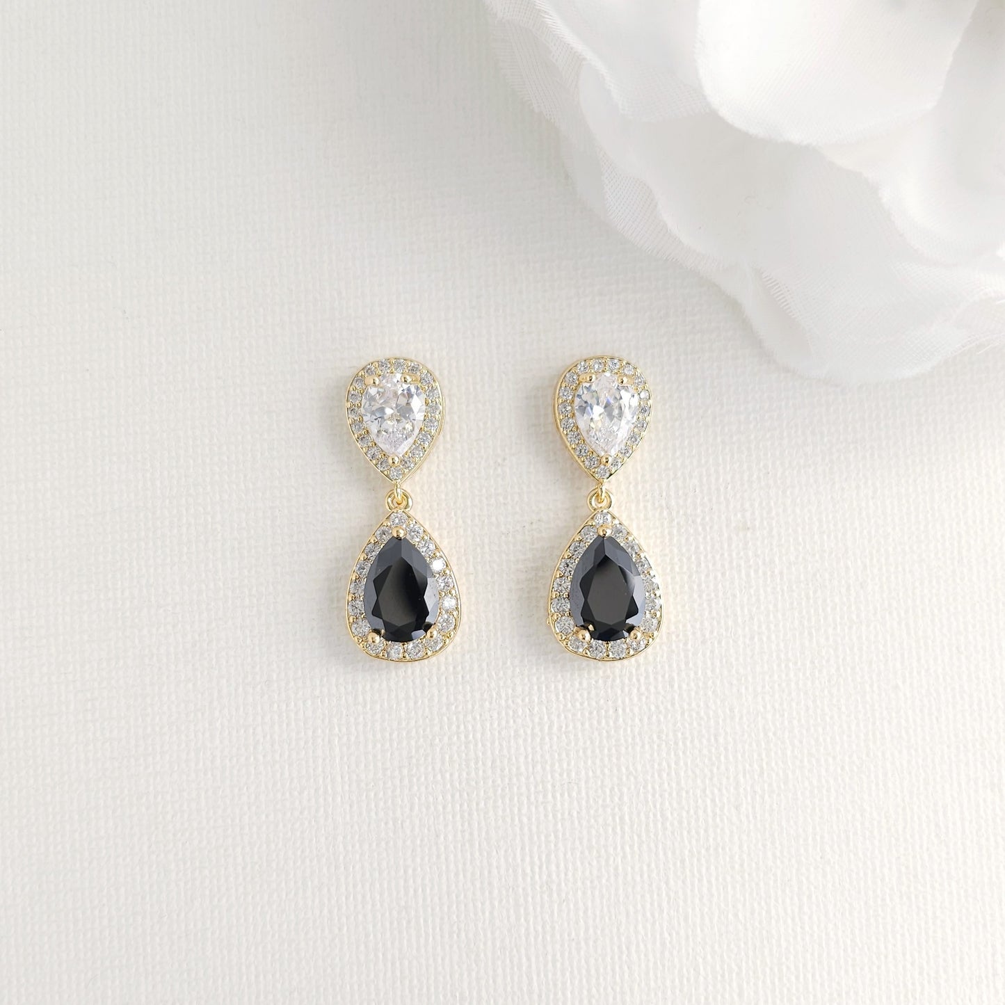 Black & Clear Cubic Zirconia Drop Earrings: Elegant Contrast, Two-Tone Design- Zoe