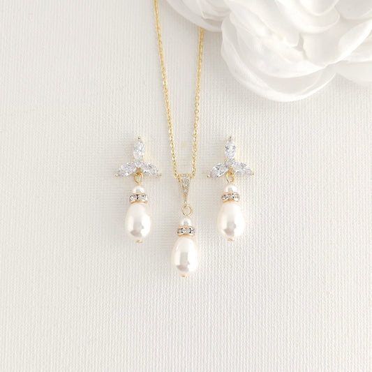 Classic Gold Pearl Jewellery Set with Delicate Floral Earrings and Necklace- Flora