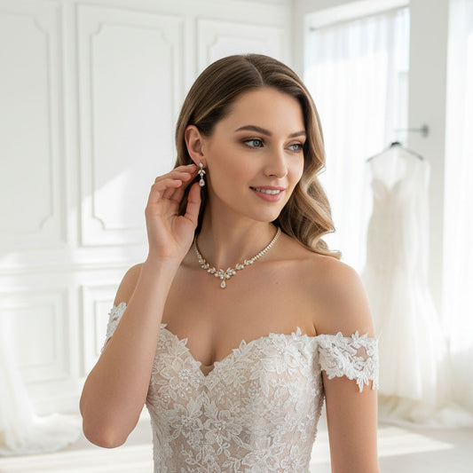 Silver Pearl Bridal Jewellery Set: Necklace & Earrings - Jenna