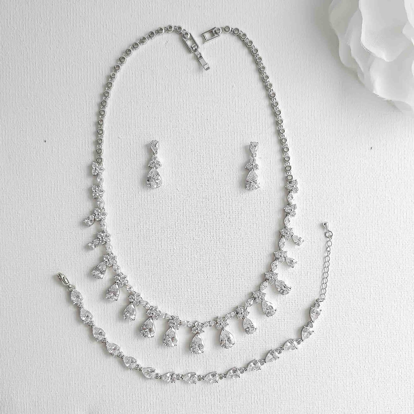 Silver Teardrop 3-Piece Bridal Jewelry Set | Cascading Necklace, Earrings & Bracelet – Jessica