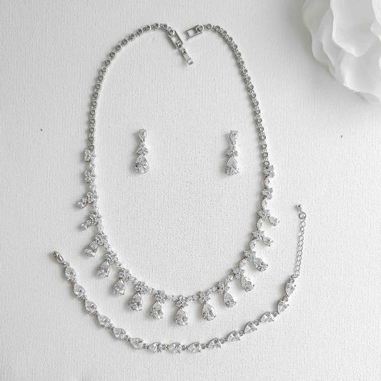 Silver Teardrop 3-Piece Bridal Jewelry Set | Cascading Necklace, Earrings & Bracelet – Jessica