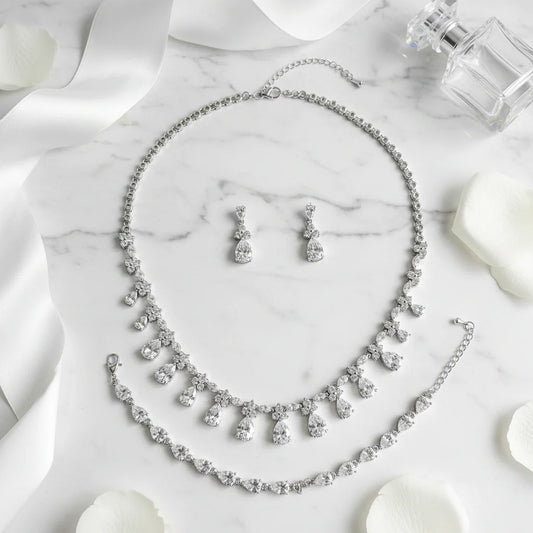 Silver Teardrop 3-Piece Bridal Jewelry Set | Cascading Necklace, Earrings & Bracelet – Jessica