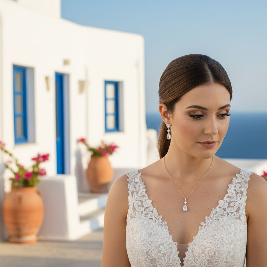 Necklace Set in Rose Gold of Weddings with Matching CZ Earrings - Lena