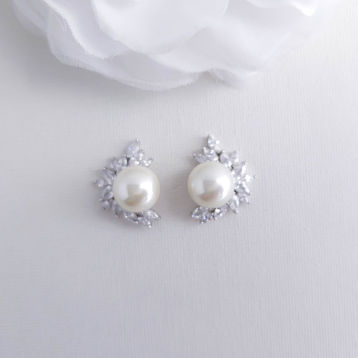 Pearl and CZ Cluster Stud Earrings Silver-Rylee