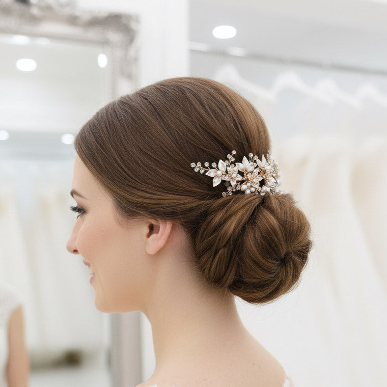 Gold Leaf Statement Hair Comb | Delicately Crafted Pearl & Crystal Bridal Piece-Liana