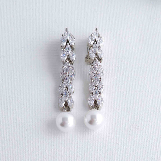 Long Clip On Earrings with Pearl Drops for Weddings-Kalee
