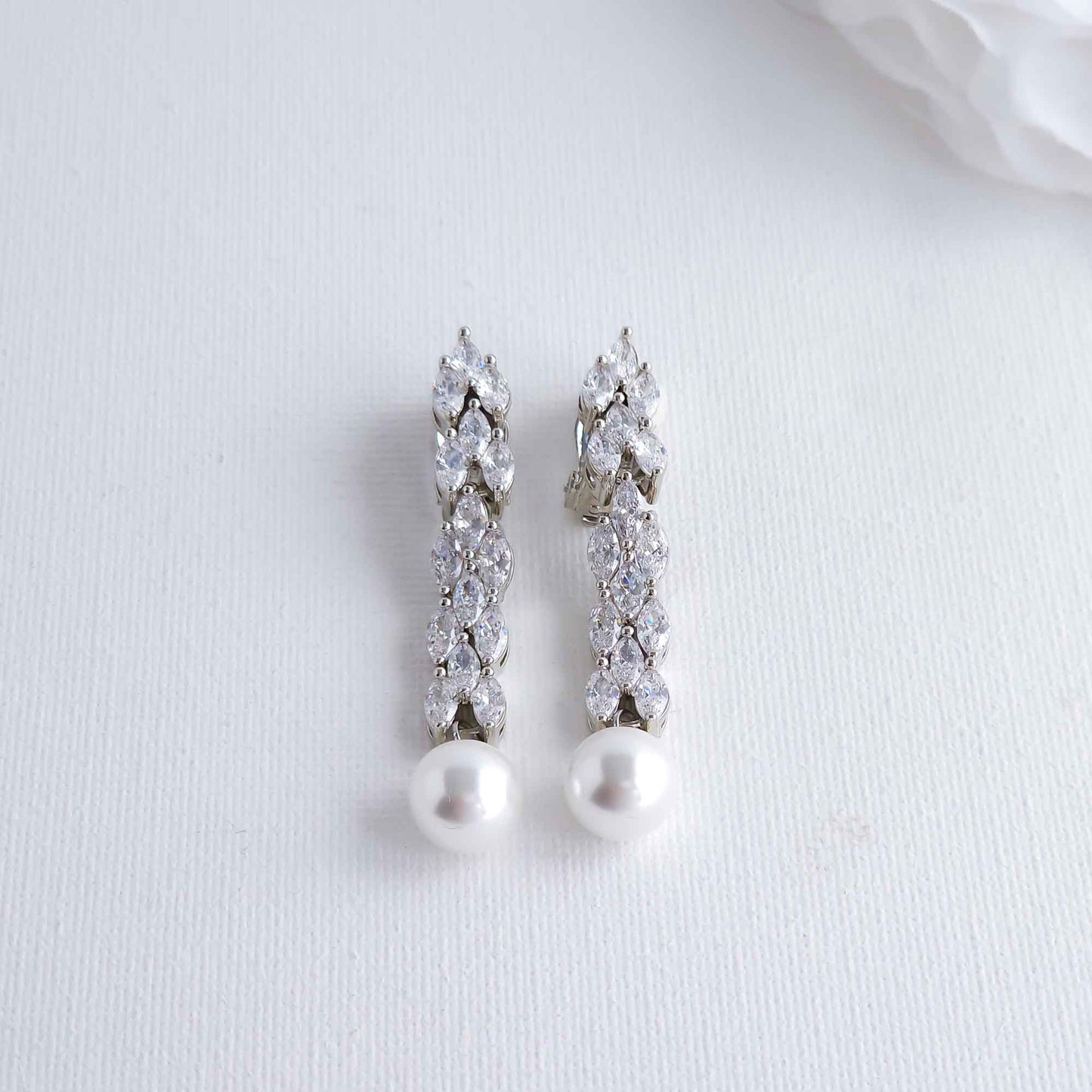 Long Clip On Earrings with Pearl Drops for Weddings-Kalee