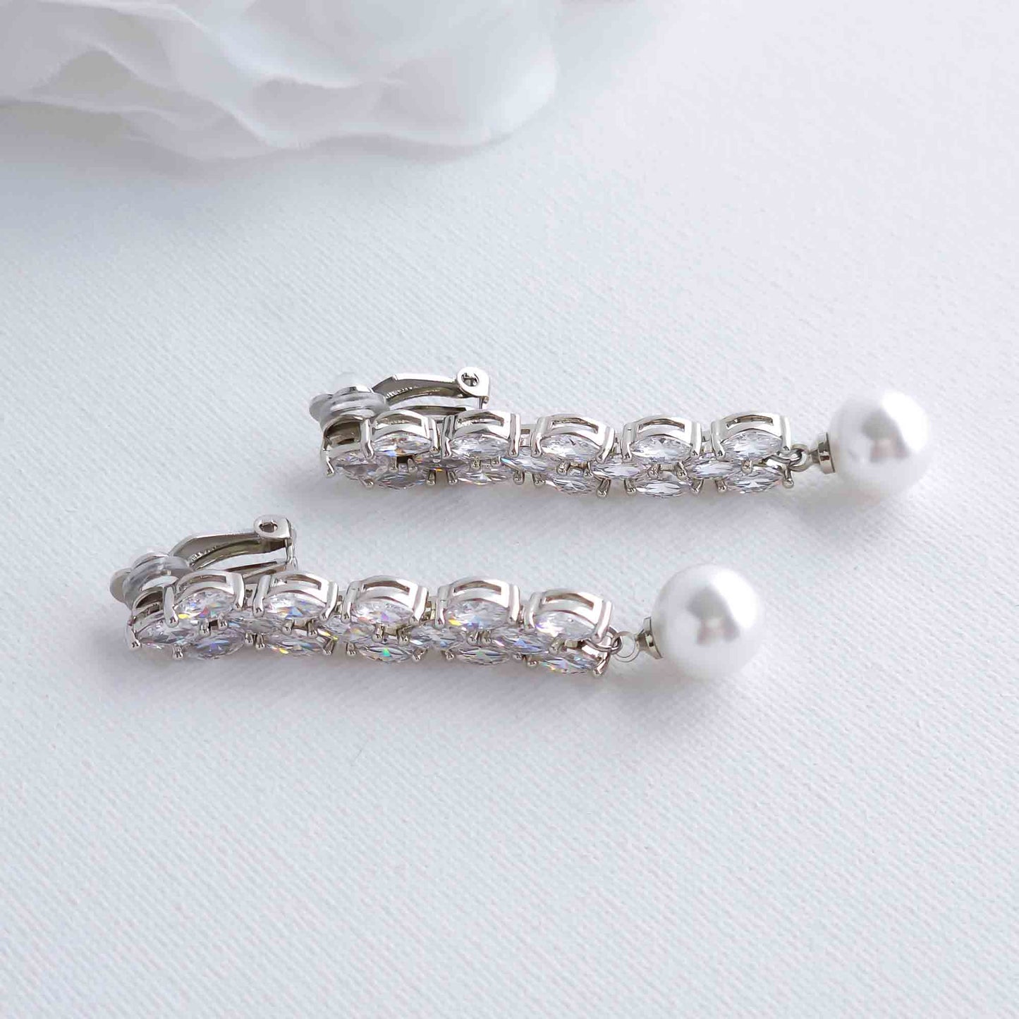 Long Clip On Earrings with Pearl Drops for Weddings-Kalee