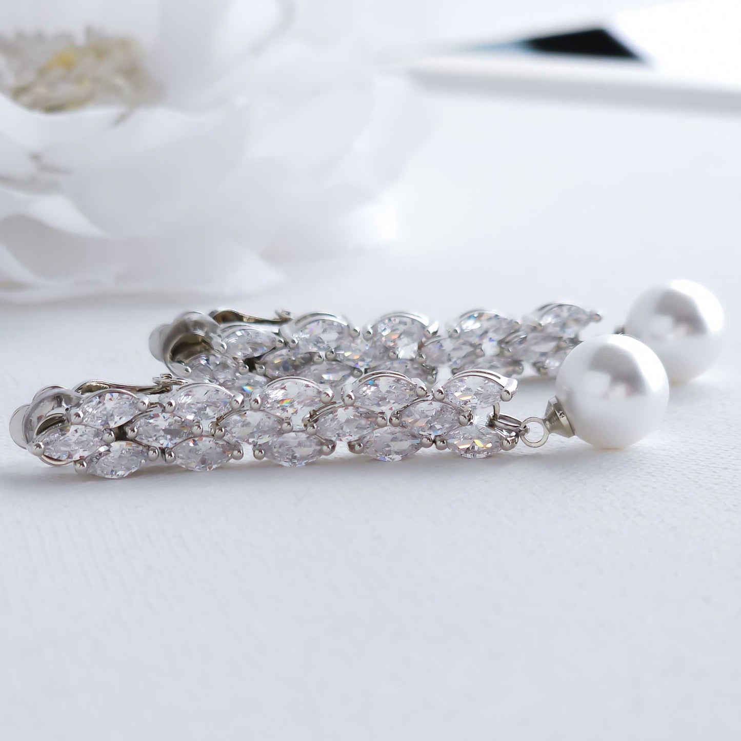 Long Clip On Earrings with Pearl Drops for Weddings-Kalee