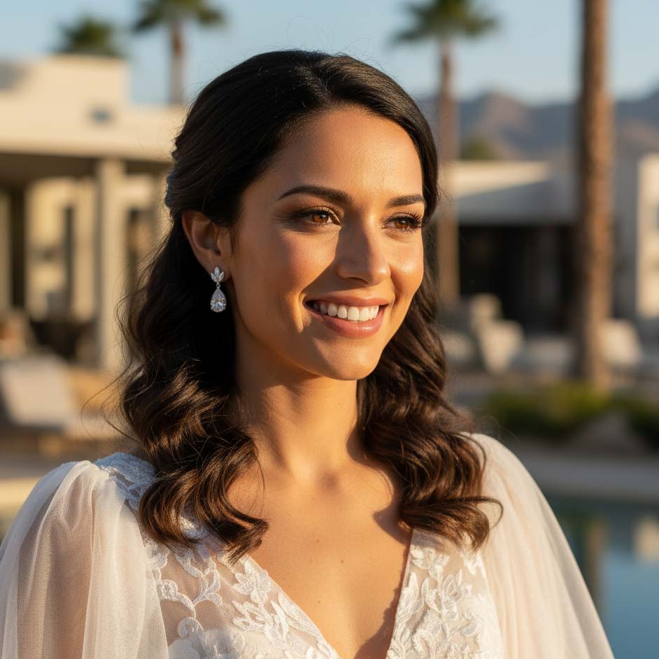 Delicate Bridal Gold Dangle Earrings with Cubic Zirconia For Weddings & Occasions - Vera