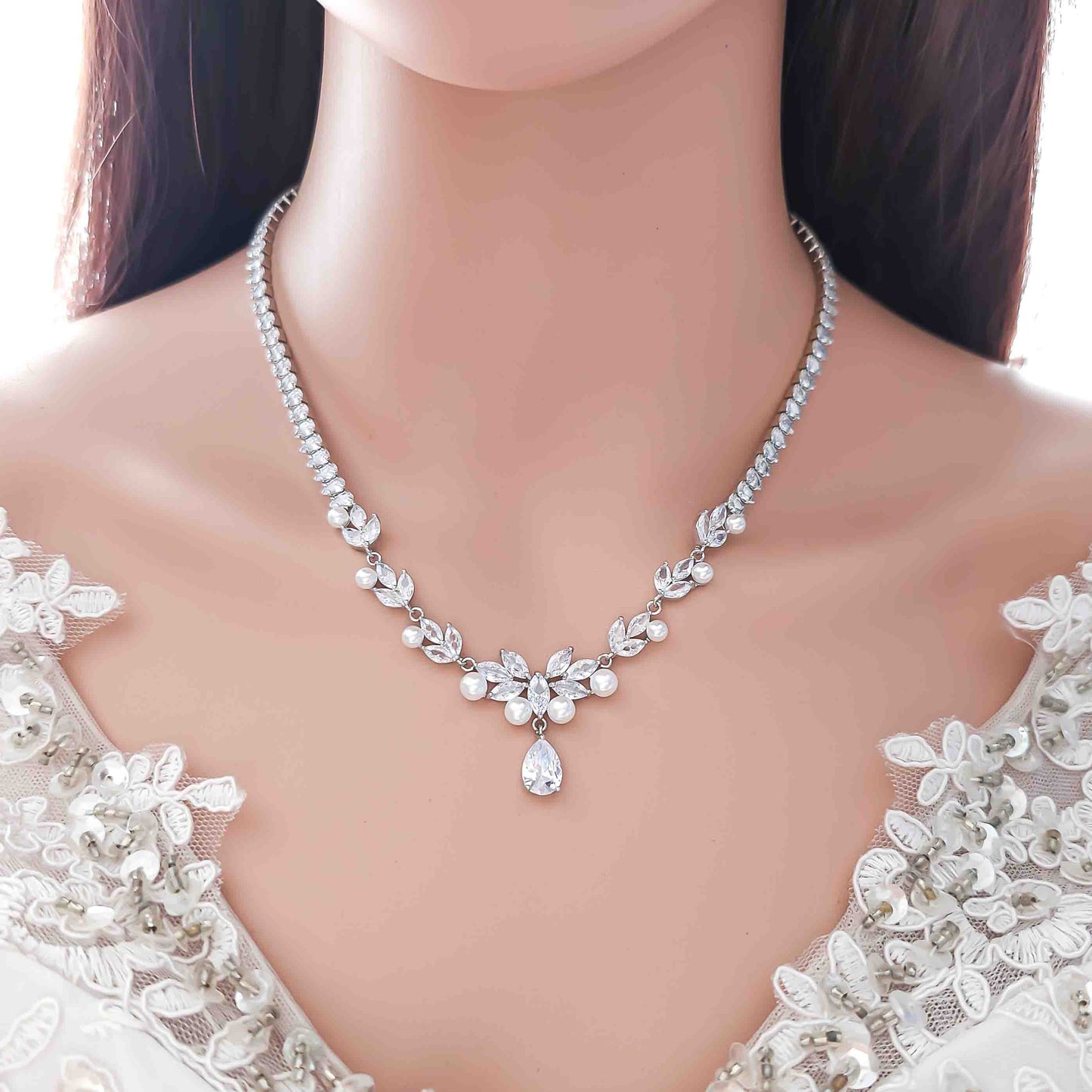 Pearl Wedding Jewellery Set of Necklace and Earrings-Jenna