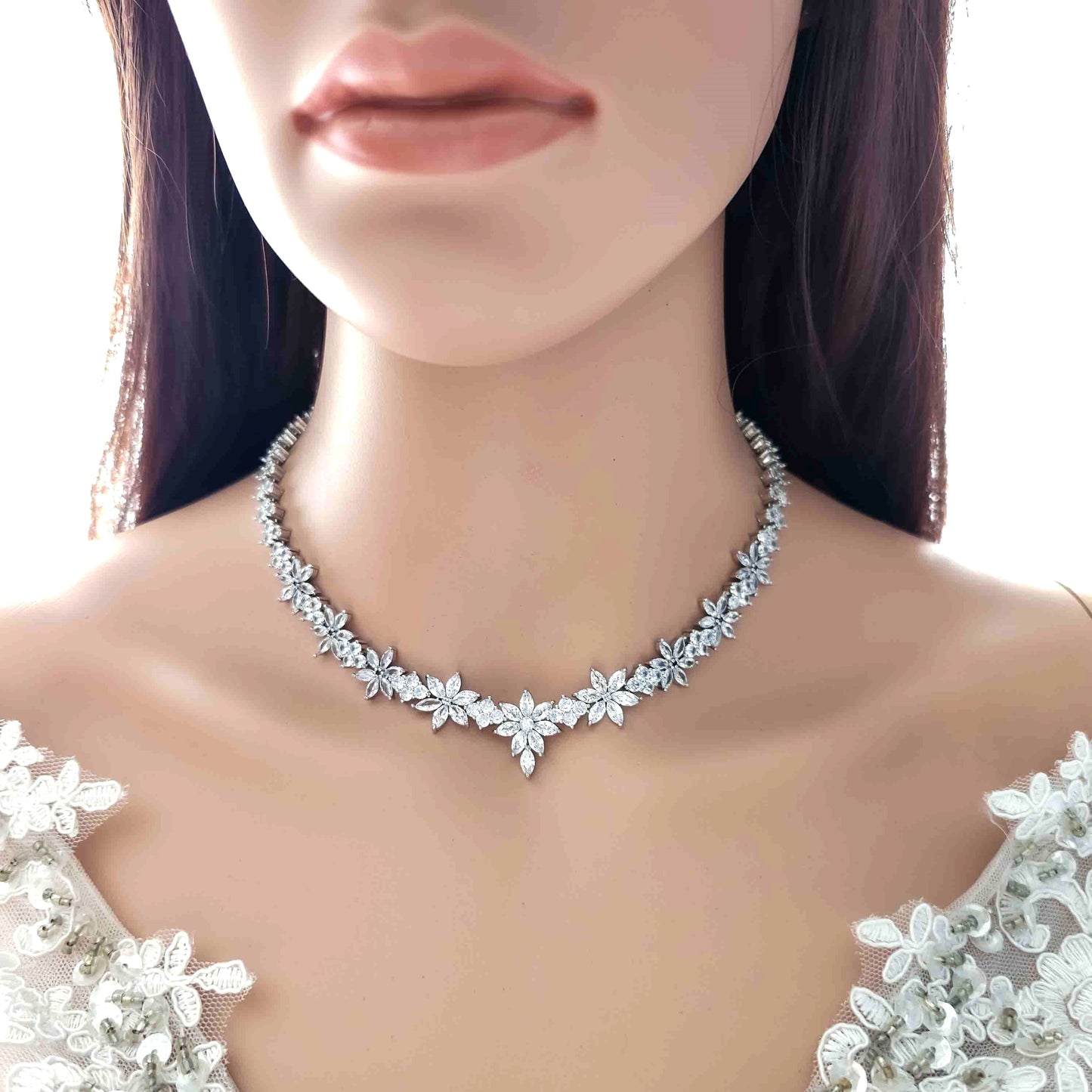 Silver Wedding Jewellery Set with CZ Necklace and Earrings-Sybil