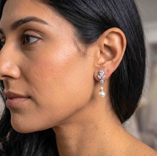 Gold Earrings for Weddings with Pearl Drops-Nicole