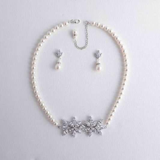 Silver Pearl and Crystal Floral Bridal Jewellery Set - Carol