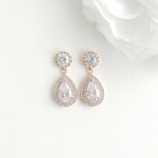 Rose Gold Vintage-Inspired Earrings | Double Halo Cubic Zirconia Teardrop - Grace