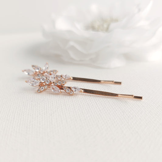 Rose Gold Leaf Bridal Hair Pin Set | Marquise CZ Slide for Bridesmaids & Flower Girls - Thea
