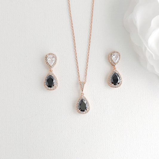 Rose Gold and Black Drop Jewellery Set | Necklace, Earrings & Bracelet for Weddings and Evening Wear - Zoe
