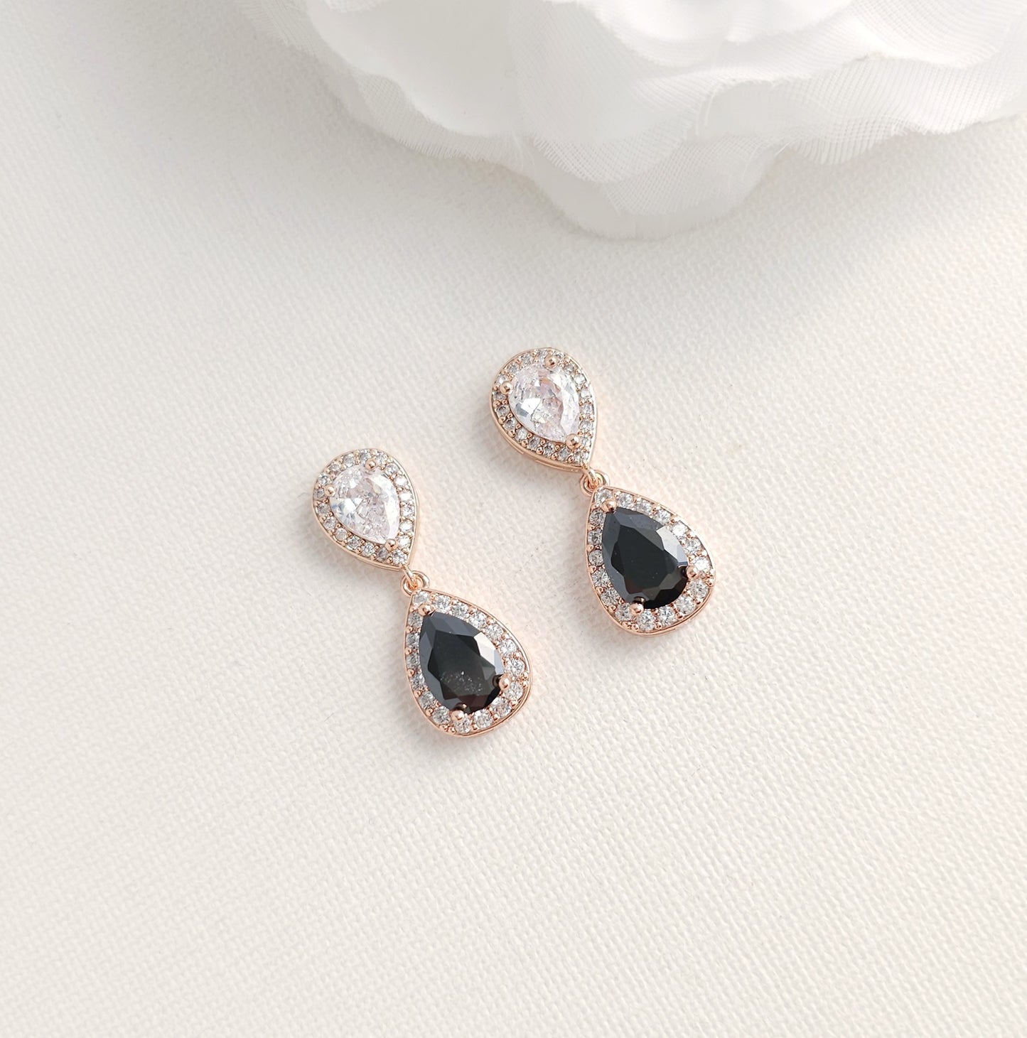 Black & Clear Cubic Zirconia Drop Earrings: Elegant Contrast, Two-Tone Design- Zoe