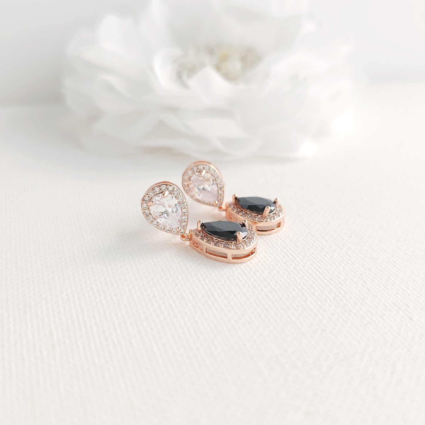 Black & Clear Cubic Zirconia Drop Earrings: Elegant Contrast, Two-Tone Design- Zoe