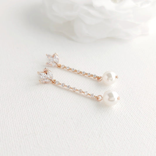 Skinny Long Pearl Drop Earrings in Rose Gold-Jodi
