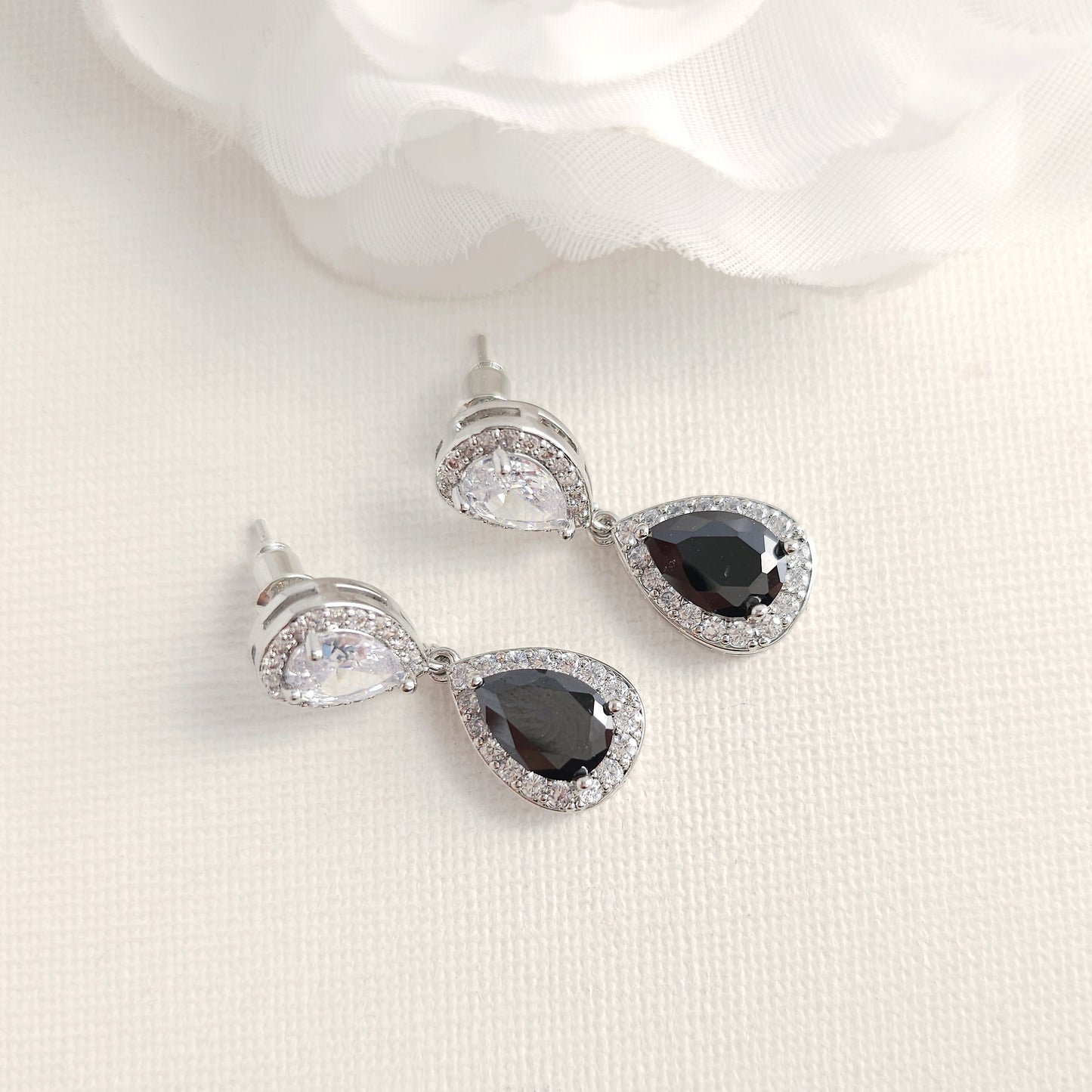 Black & Clear Cubic Zirconia Drop Earrings: Elegant Contrast, Two-Tone Design- Zoe