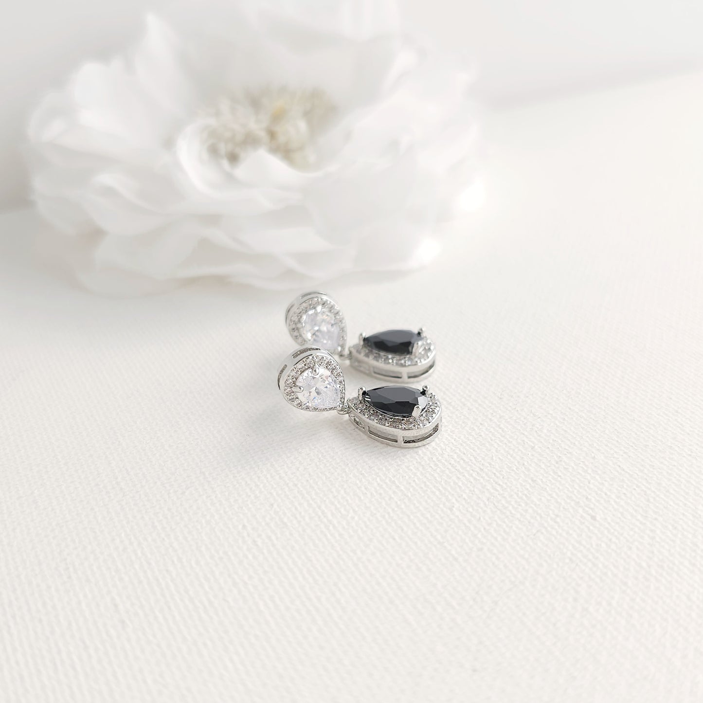 Black & Clear Cubic Zirconia Drop Earrings: Elegant Contrast, Two-Tone Design- Zoe