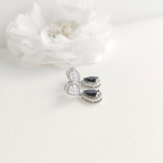 Black & Clear Cubic Zirconia Drop Earrings: Elegant Contrast, Two-Tone Design- Zoe