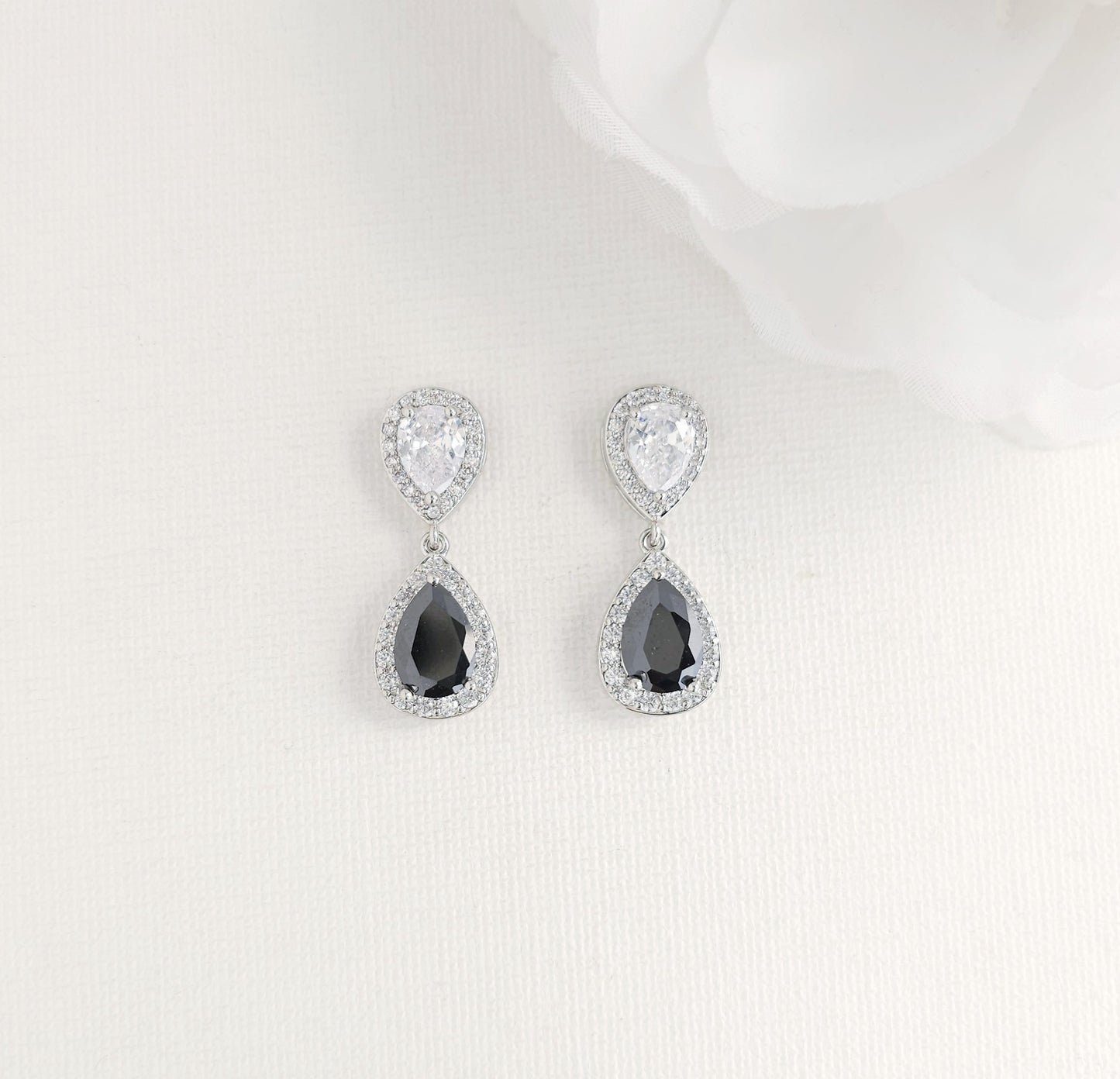 Black & Clear Cubic Zirconia Drop Earrings: Elegant Contrast, Two-Tone Design- Zoe