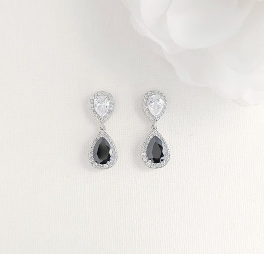 Black & Clear Cubic Zirconia Drop Earrings: Elegant Contrast, Two-Tone Design- Zoe