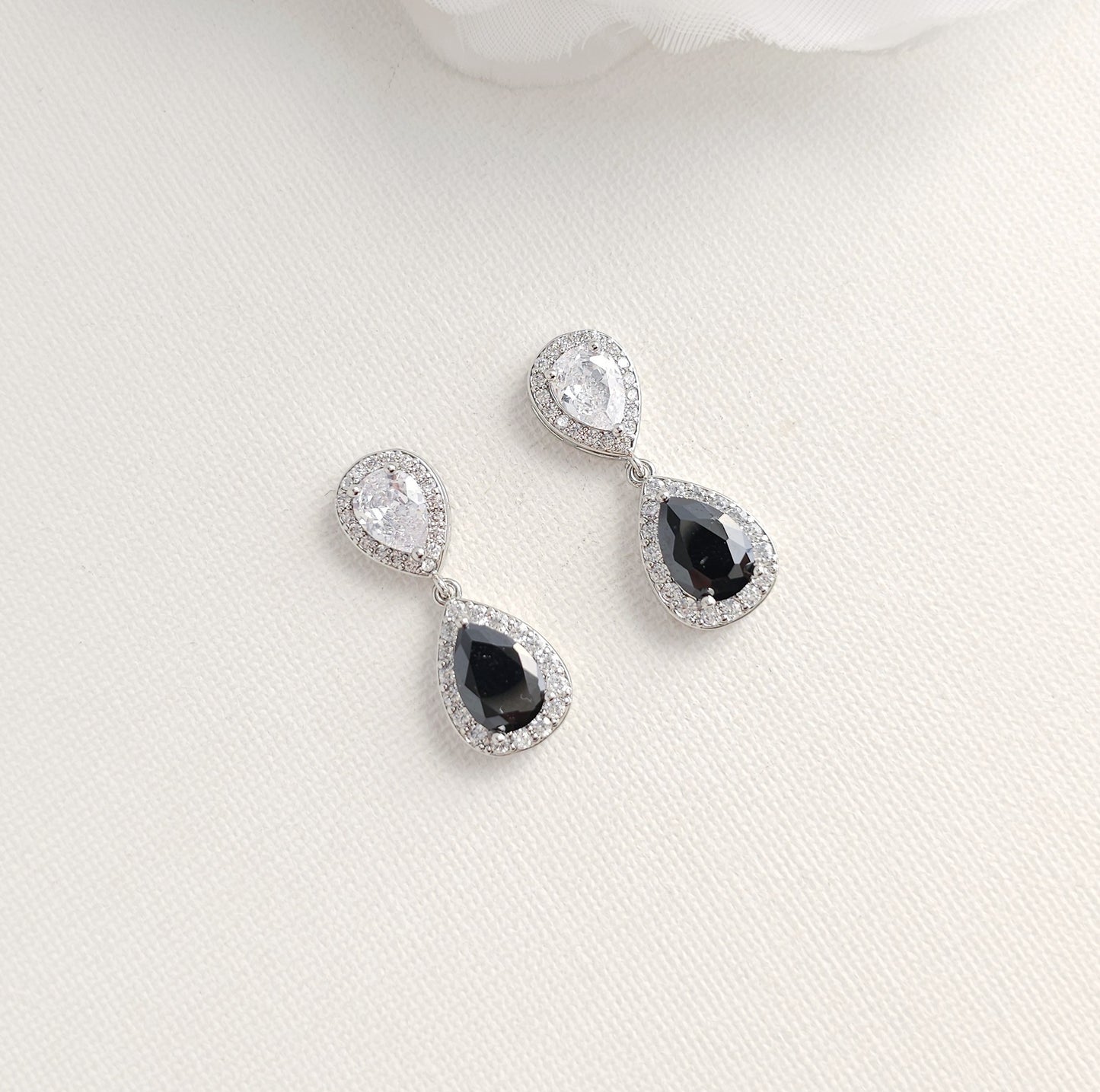 Black & Clear Cubic Zirconia Drop Earrings: Elegant Contrast, Two-Tone Design- Zoe