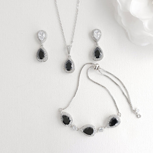 3 Piece Black Cubic Zirconia Jewellery Set | Silver Necklace, Earrings & Bracelet for a Coordinated Evening & Bridal Party Look - Zoe