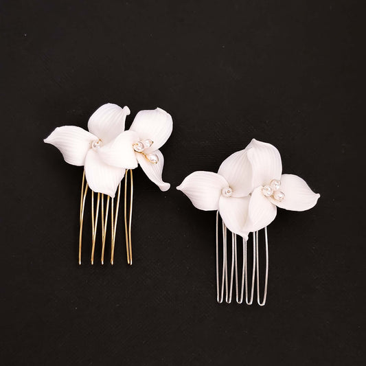 Small Gold Hair Comb with White Flowers and Pearls for Weddings- Alana