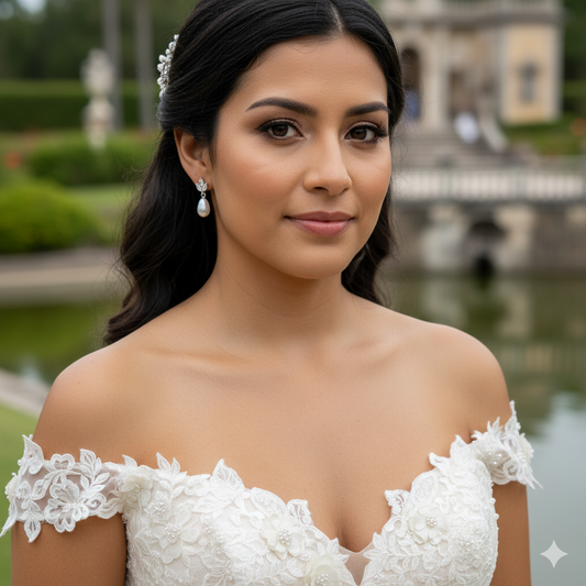 Dainty Gold CZ Leaf Teardrop Pearl Earrings for Weddings- Vera