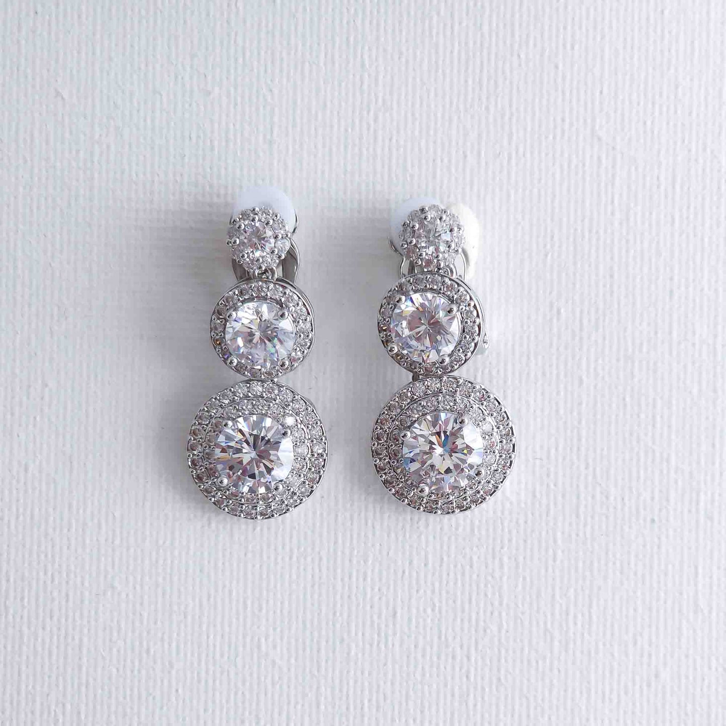 Wedding Clip on Earrings with 3 Round CZ Stones-Alaia